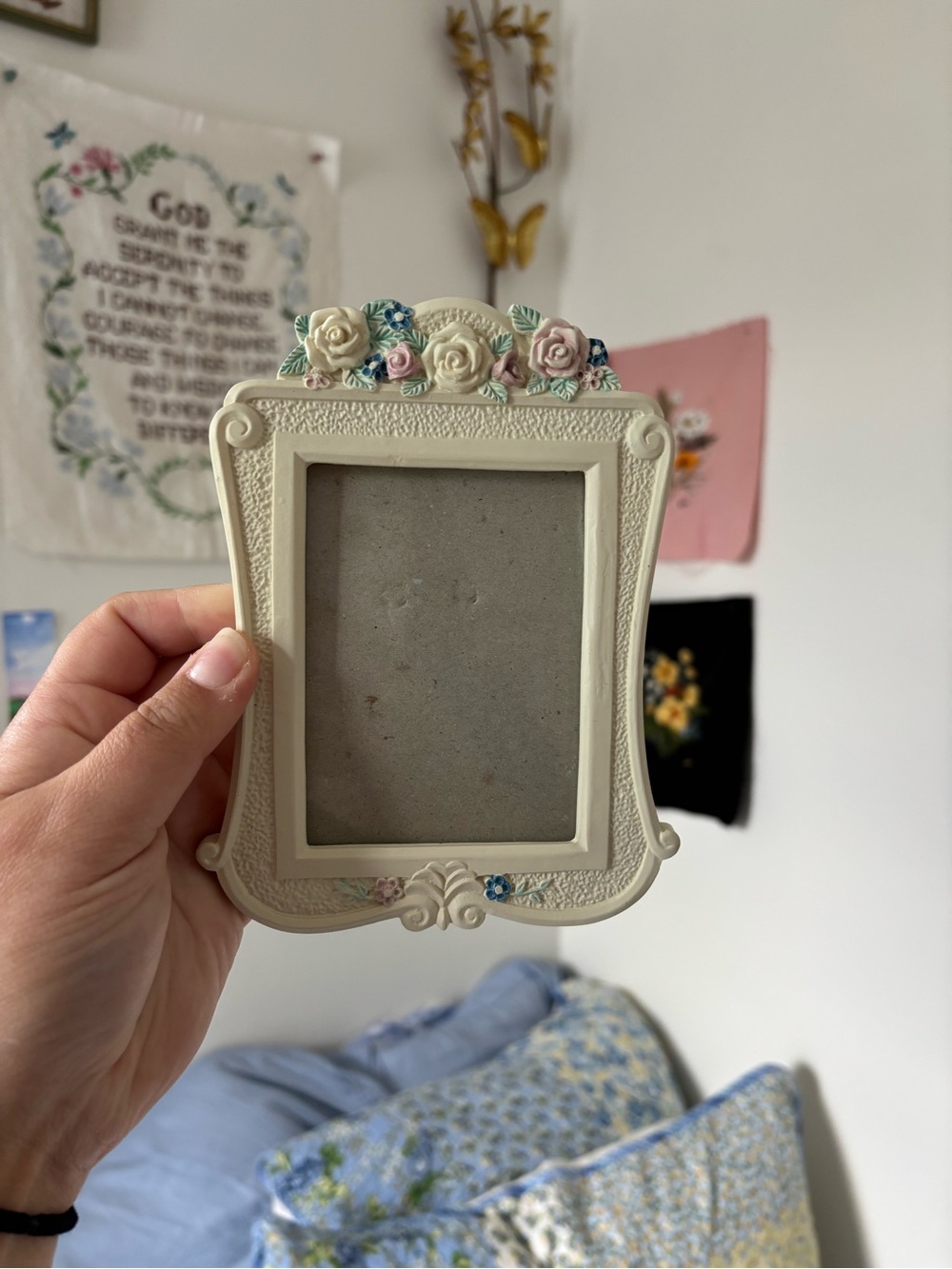 Vintage Cream Floral Picture Frame with Pink and Blue Roses